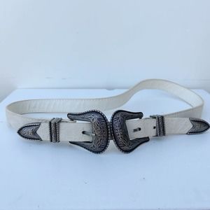Double Buckle White Silver Western Cowgirl Festival Boho Belt
